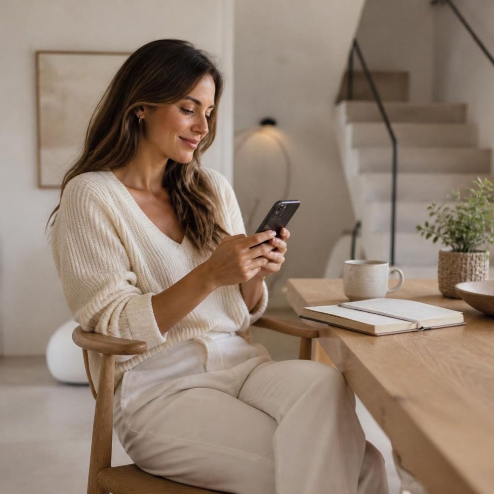 A woman at home using a planner app on her phone