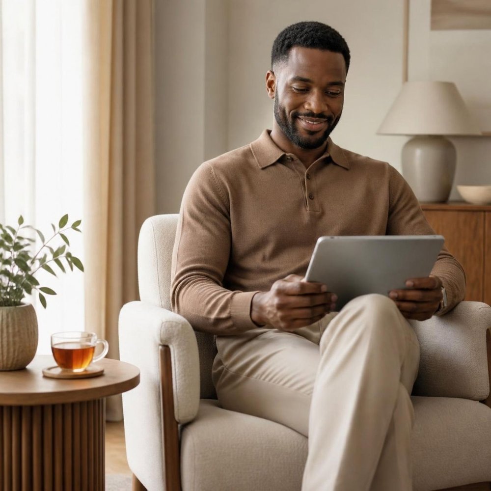 A man relaxing in an armchair using a planner app on his tablet
